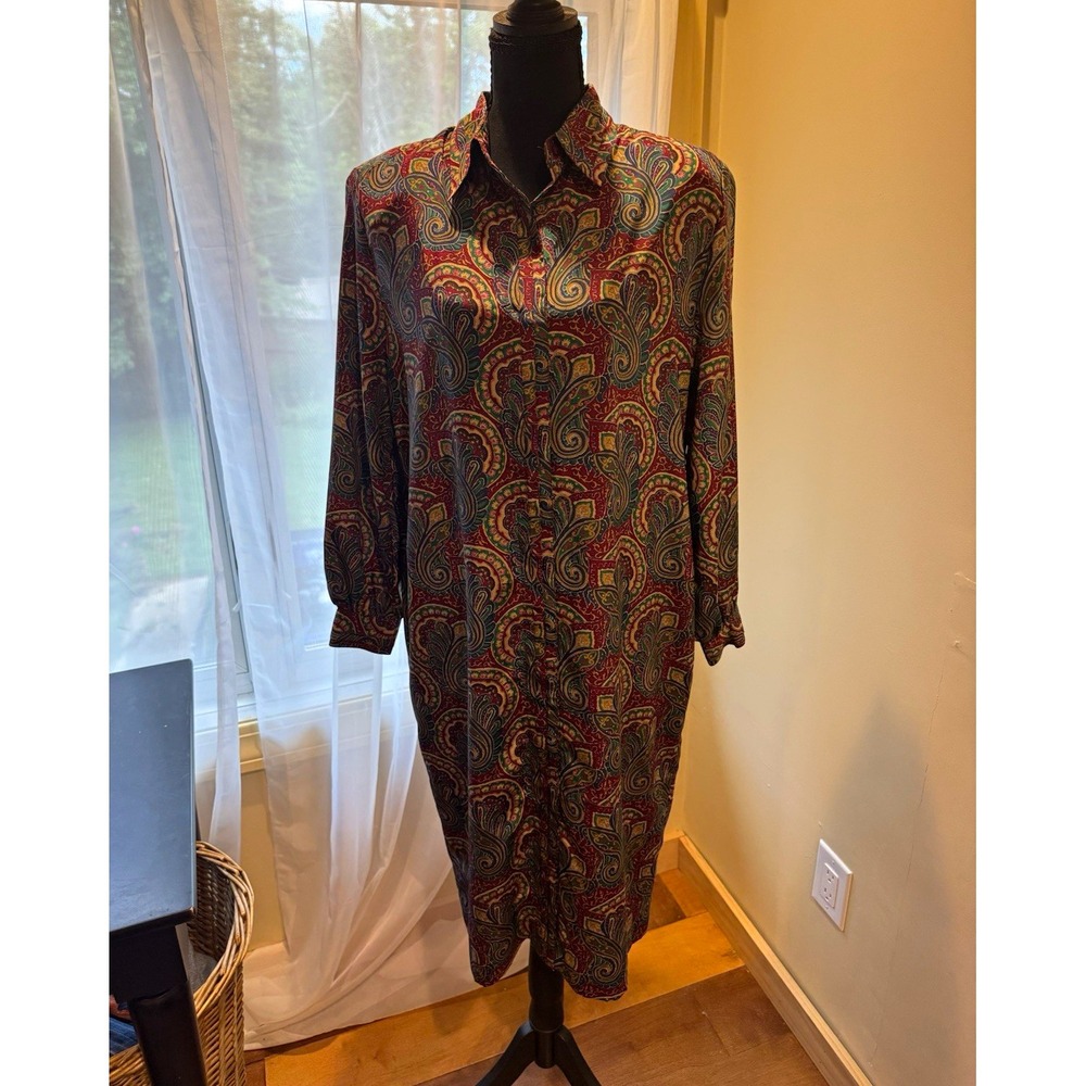 Sag Harbor Paisley Shirt Dress Midi Collared Button Front Long Sleeve Sz 12